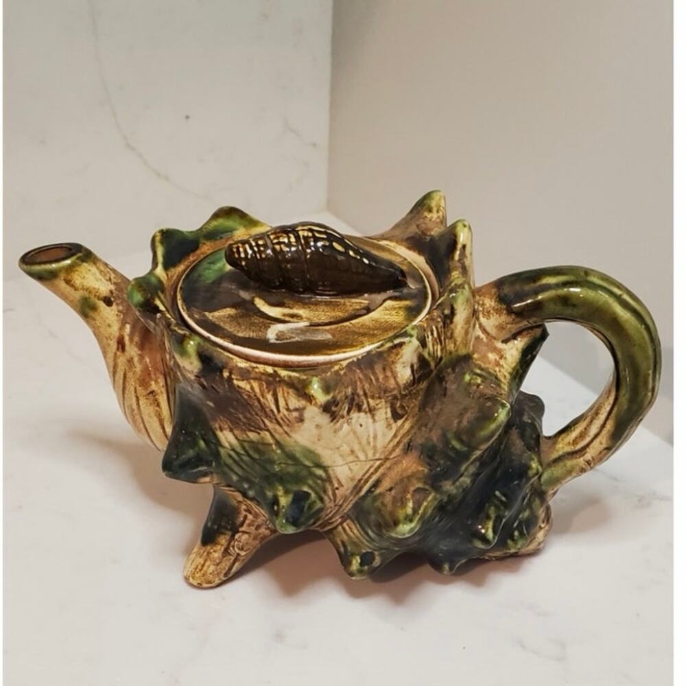 Vintage Japanese Majolica-Style Conch Seashell Teapot Green Brown Glazing